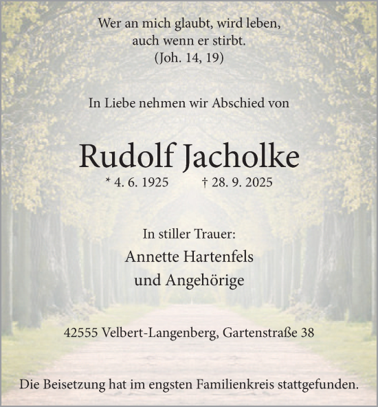 Traueranzeige von Rudolf Jacholke von Tageszeitung
