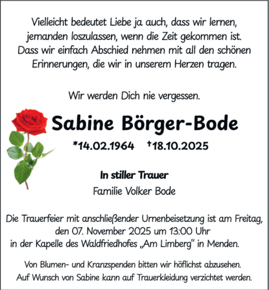 Traueranzeige von Sabine Börger-Bode von Tageszeitung
