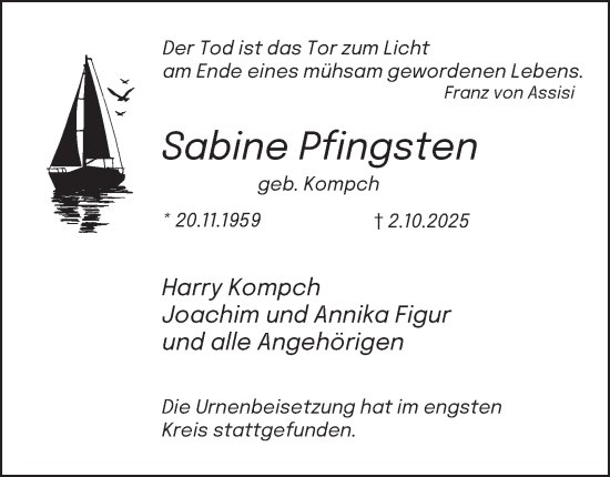 Traueranzeige von Sabine Pfingsten von Tageszeitung