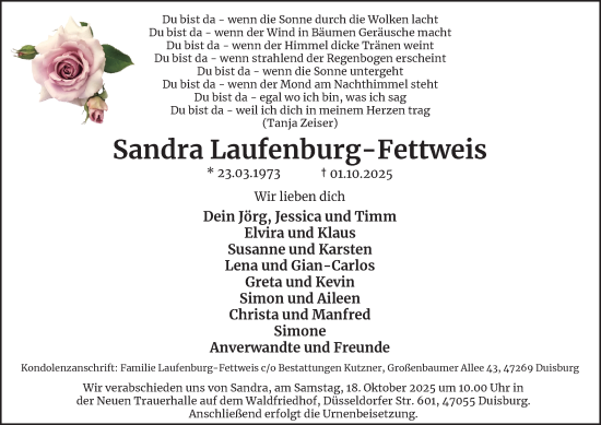Traueranzeige von Sandra Laufenburg-Fettweis von Tageszeitung