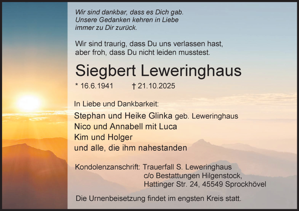  Traueranzeige für Siegbert Leweringhaus vom 01.11.2025 aus Tageszeitung