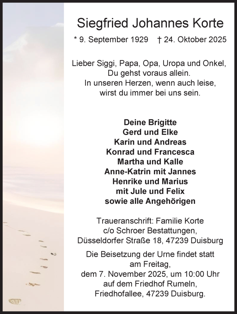  Traueranzeige für Siegfried Johannes Korte vom 01.11.2025 aus Tageszeitung