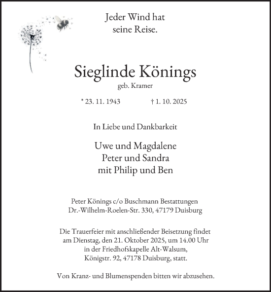 Traueranzeige von Sieglinde Könings von Tageszeitung