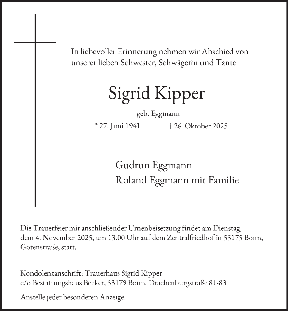 Traueranzeige für Sigrid Kipper vom 01.11.2025 aus Tageszeitung