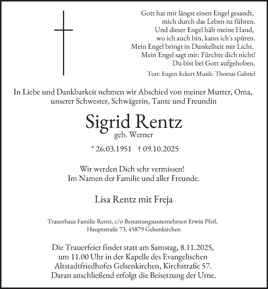  Traueranzeige für Sigrid Rentz vom 18.10.2025 aus Tageszeitung