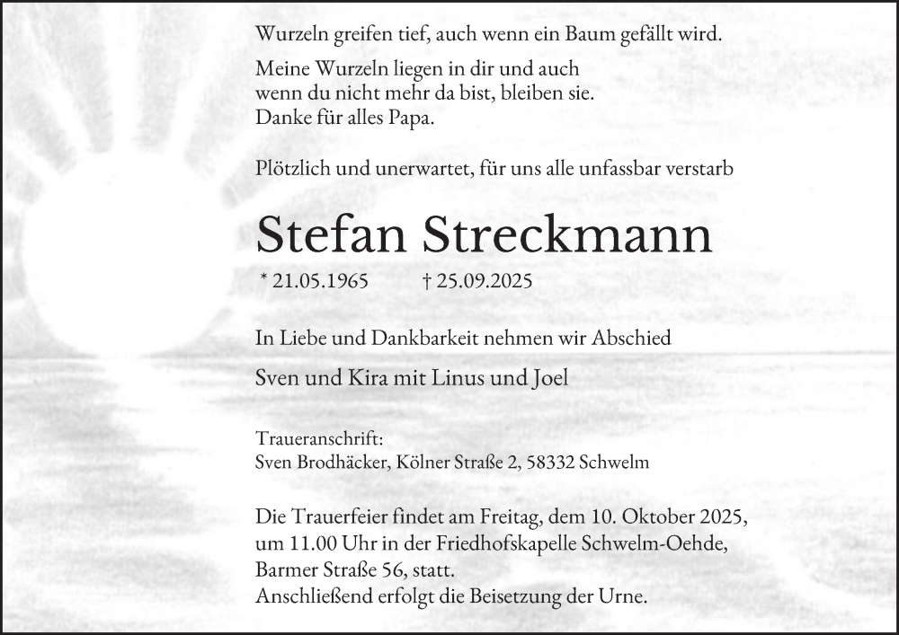 Traueranzeige für Stefan Streckmann vom 04.10.2025 aus Tageszeitung