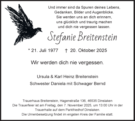 Traueranzeige von Stefanie Breitenstein von Tageszeitung