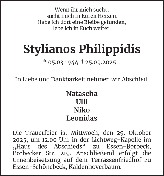 Traueranzeige von Stylianos Philippidis von Tageszeitung