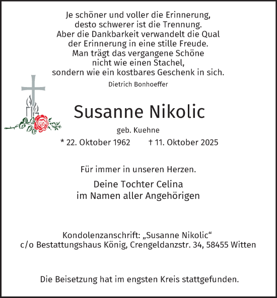 Traueranzeige von Susanne Nikolic von Tageszeitung