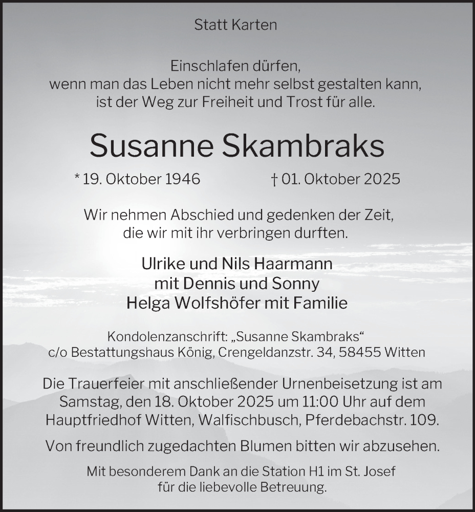  Traueranzeige für Susanne Skambraks vom 11.10.2025 aus Tageszeitung