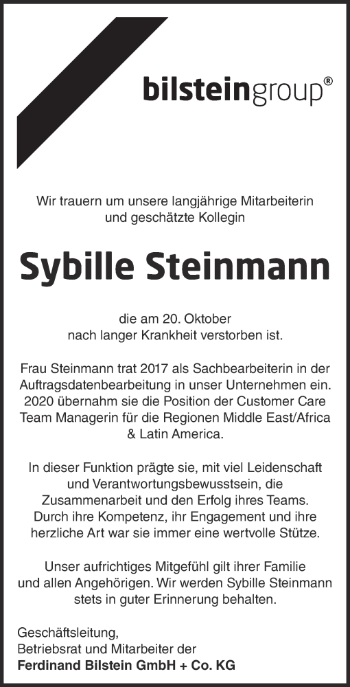Traueranzeige von Sybille Steinmann von Tageszeitung