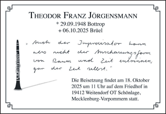 Traueranzeige von Theodor Franz Jörgensmann von Tageszeitung