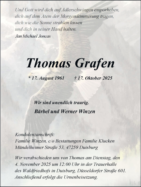 Traueranzeige von Thomas Grafen von Tageszeitung