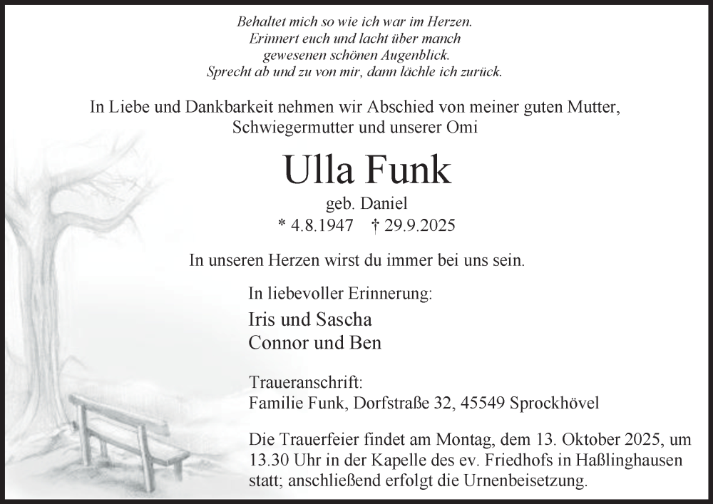  Traueranzeige für Ulla Funk vom 04.10.2025 aus Tageszeitung