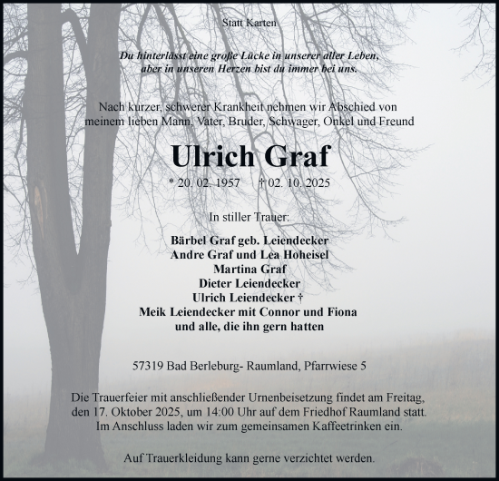 Traueranzeige von Ulrich Graf von Tageszeitung