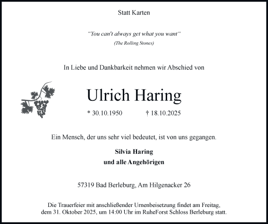 Traueranzeige von Ulrich Haring von Tageszeitung