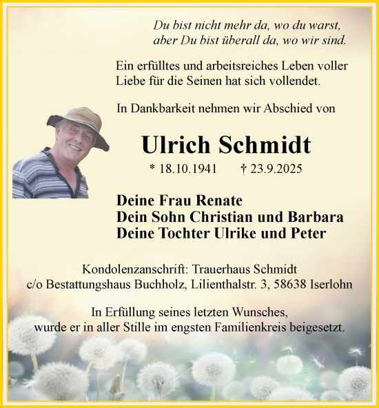 Traueranzeige von Ulrich Schmidt von Tageszeitung