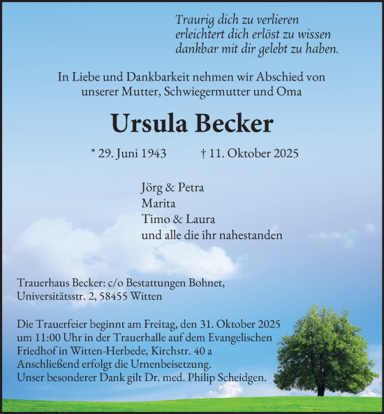 Traueranzeige von Ursula Becker von Tageszeitung