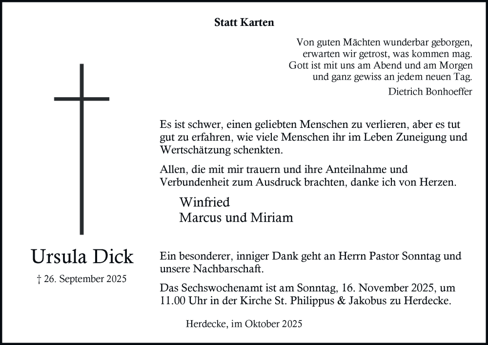 Traueranzeige für Ursula Dick vom 25.10.2025 aus Tageszeitung