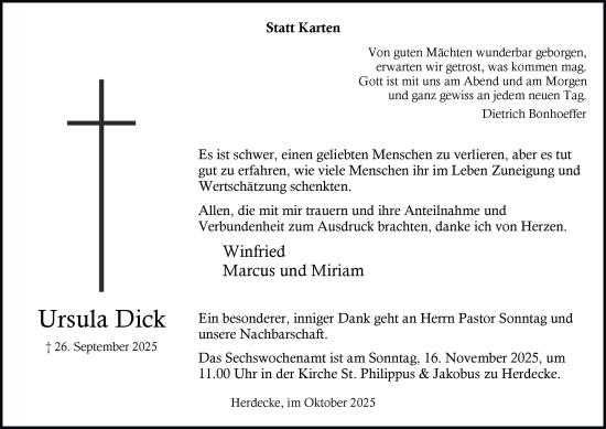 Traueranzeige von Ursula Dick von Tageszeitung