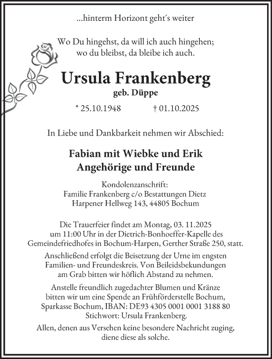 Traueranzeige von Ursula Frankenberg von Tageszeitung