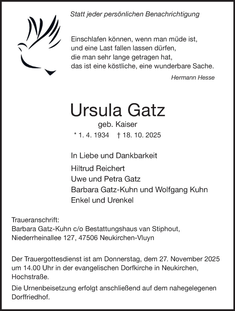  Traueranzeige für Ursula Gatz vom 01.11.2025 aus Tageszeitung