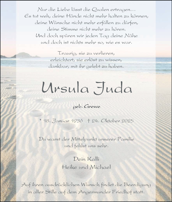 Traueranzeige von Ursula Juda von Tageszeitung
