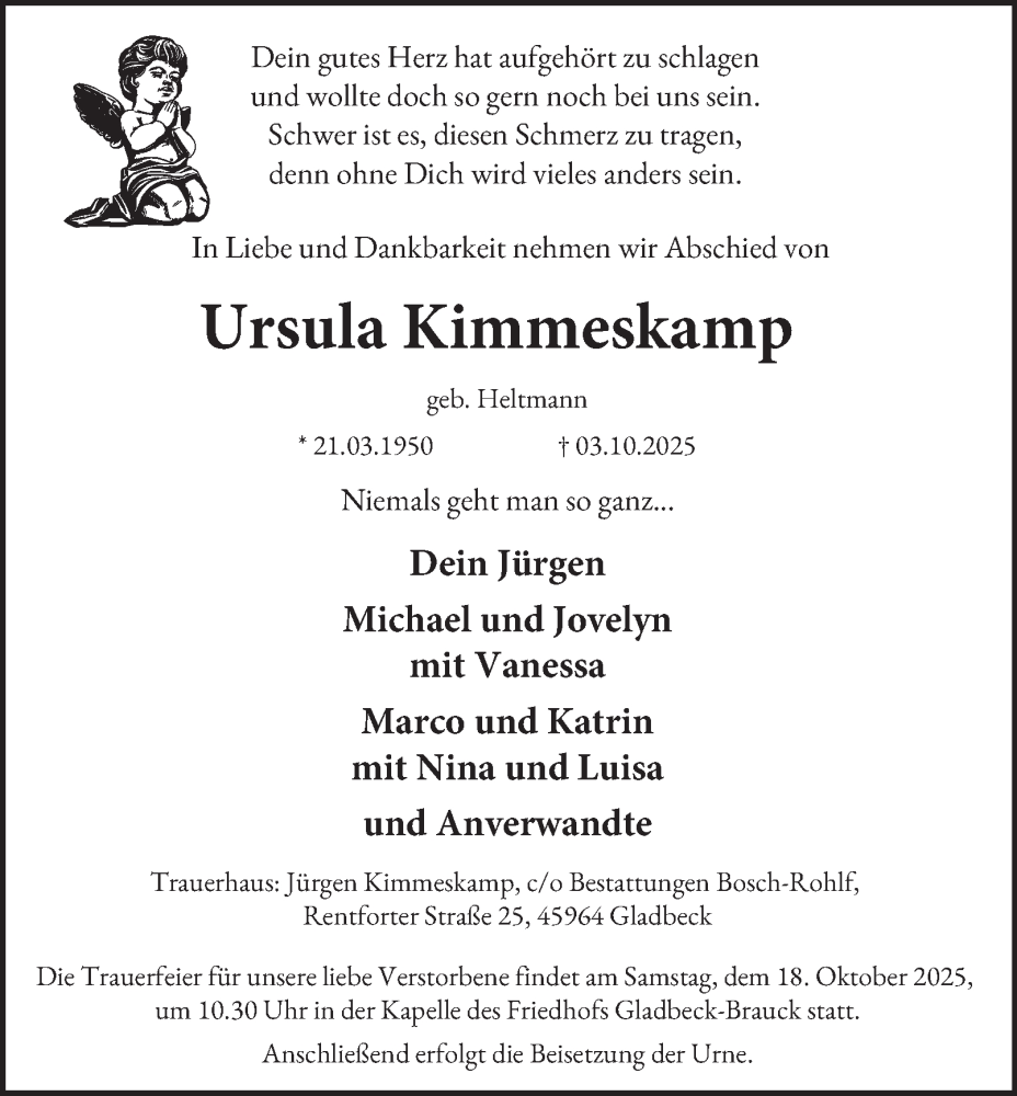  Traueranzeige für Ursula Kimmeskamp vom 11.10.2025 aus Tageszeitung
