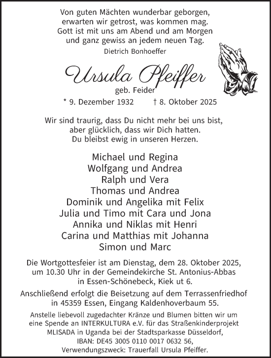 Traueranzeige von Ursula Pfeiffer von Tageszeitung