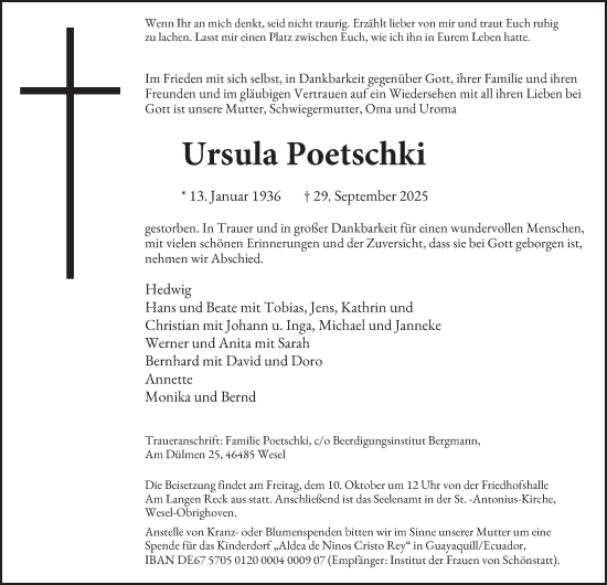 Traueranzeige von Ursula Poetschki von Tageszeitung