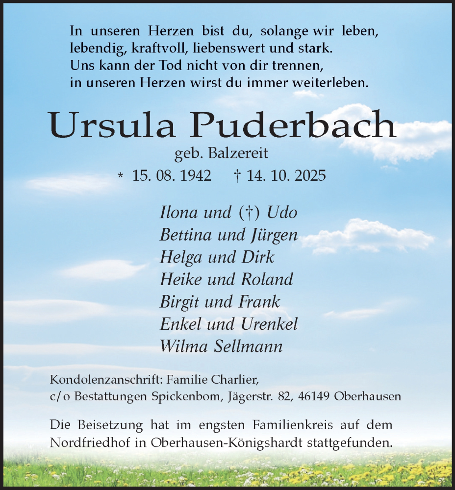  Traueranzeige für Ursula Puderbach vom 25.10.2025 aus Tageszeitung