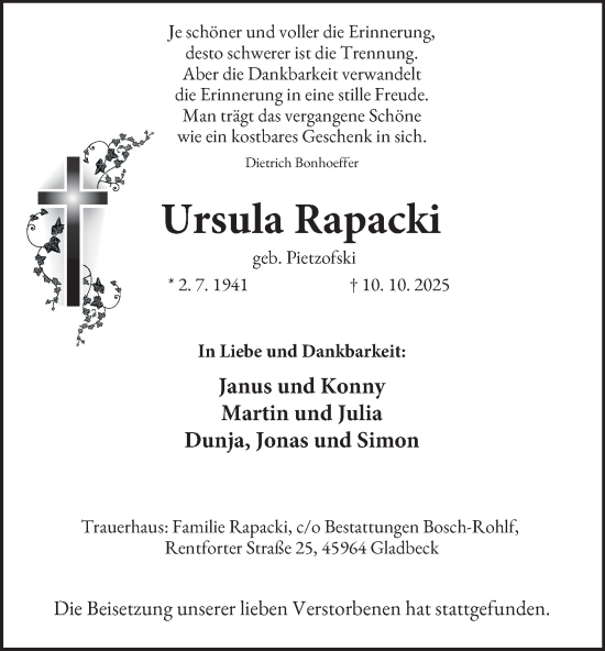 Traueranzeige von Ursula Rapacki von Tageszeitung