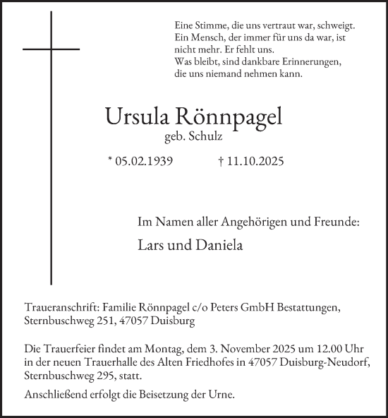 Traueranzeige von Ursula Rönnpagel von Tageszeitung