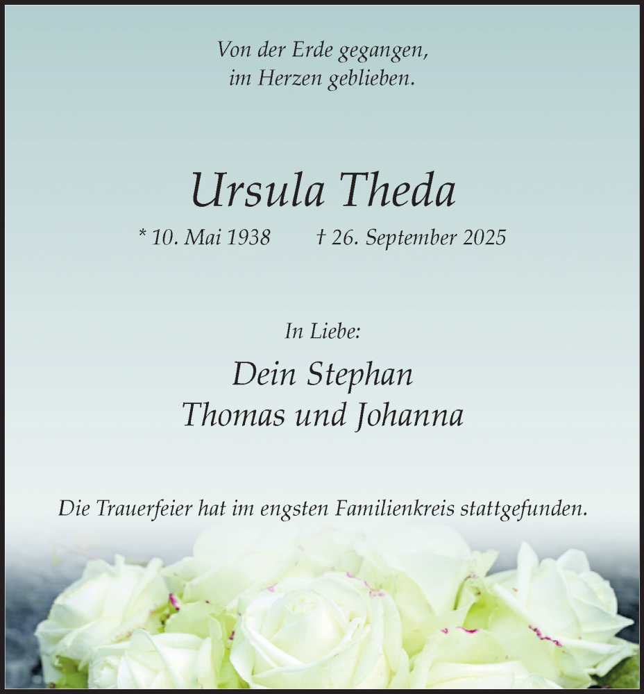  Traueranzeige für Ursula Theda vom 18.10.2025 aus Tageszeitung