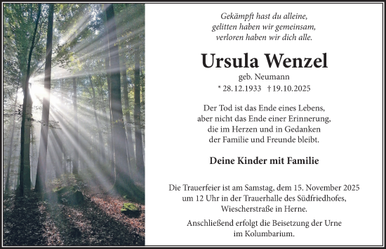 Traueranzeige von Ursula Wenzel von Tageszeitung