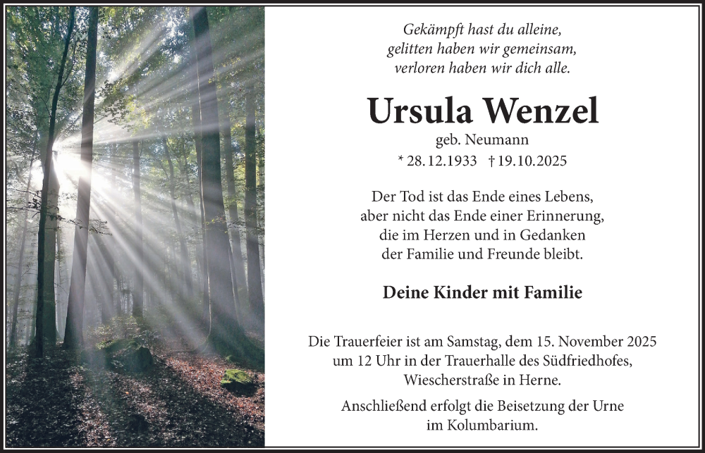 Traueranzeige für Ursula Wenzel vom 01.11.2025 aus Tageszeitung