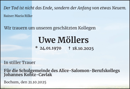 Traueranzeige von Uwe Möllers von Tageszeitung