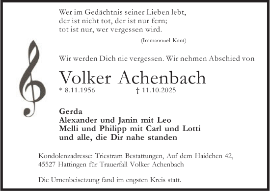Traueranzeige von Volker Achenbach von Tageszeitung
