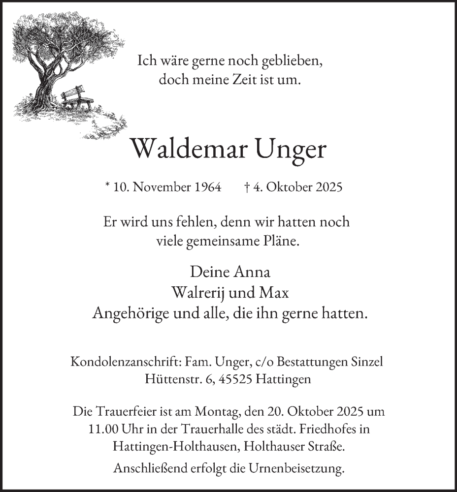  Traueranzeige für Waldemar Unger vom 11.10.2025 aus Tageszeitung