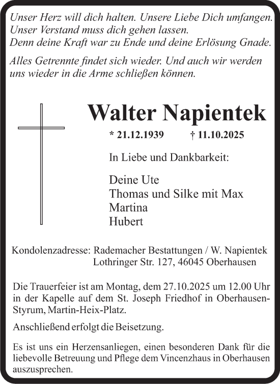 Traueranzeige von Walter Napientek von Tageszeitung