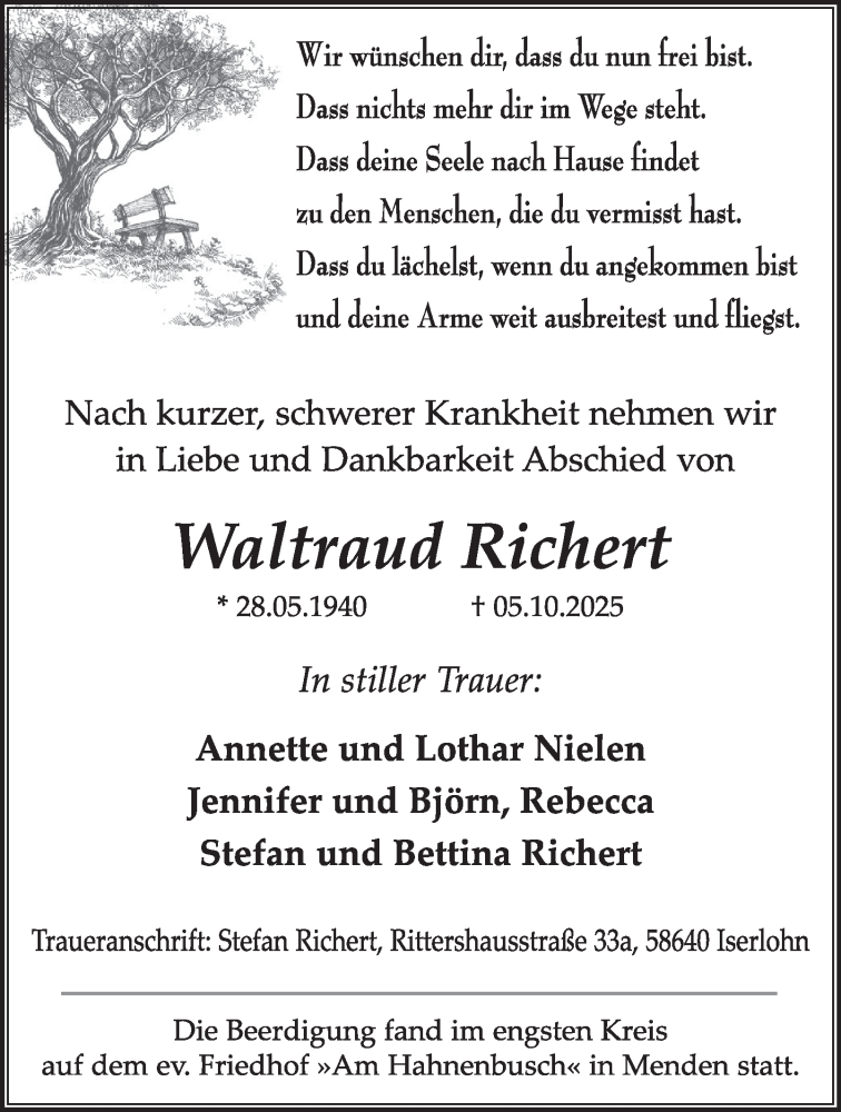  Traueranzeige für Waltraud Richert vom 11.10.2025 aus Tageszeitung