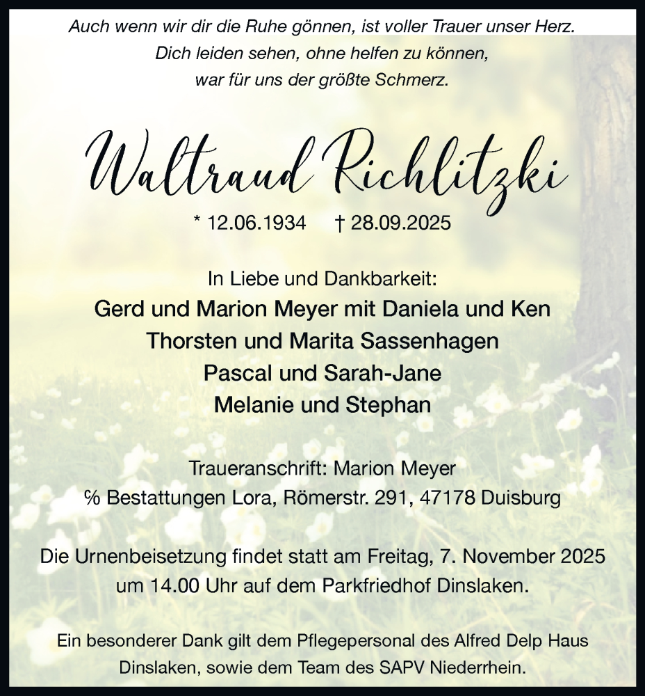  Traueranzeige für Waltraud Richlitzki vom 01.11.2025 aus Tageszeitung
