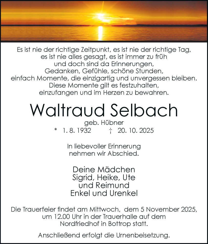  Traueranzeige für Waltraud Selbach vom 25.10.2025 aus Tageszeitung