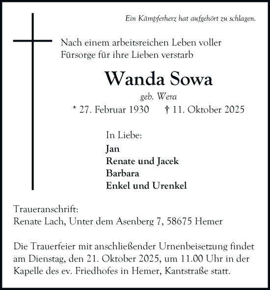Traueranzeige von Wanda Sowa von Tageszeitung