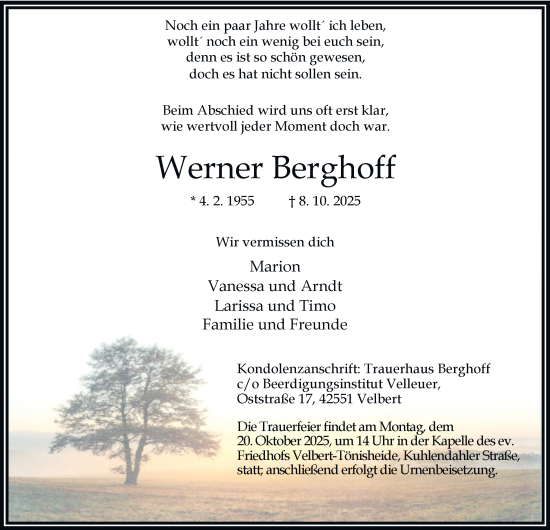 Traueranzeige von Werner Berghoff von Tageszeitung