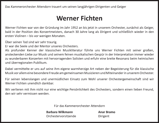 Traueranzeige von Werner Fichten von Tageszeitung