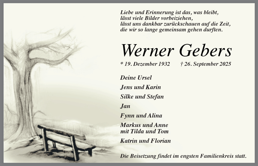  Traueranzeige für Werner Gebers vom 04.10.2025 aus Tageszeitung
