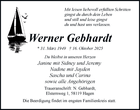 Traueranzeige von Werner Gebhardt von Tageszeitung