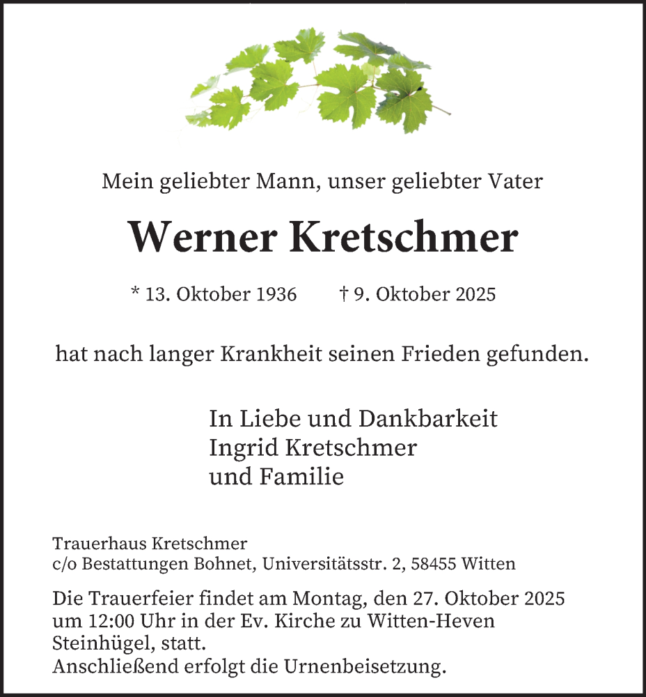  Traueranzeige für Werner Kretschmer vom 18.10.2025 aus Tageszeitung