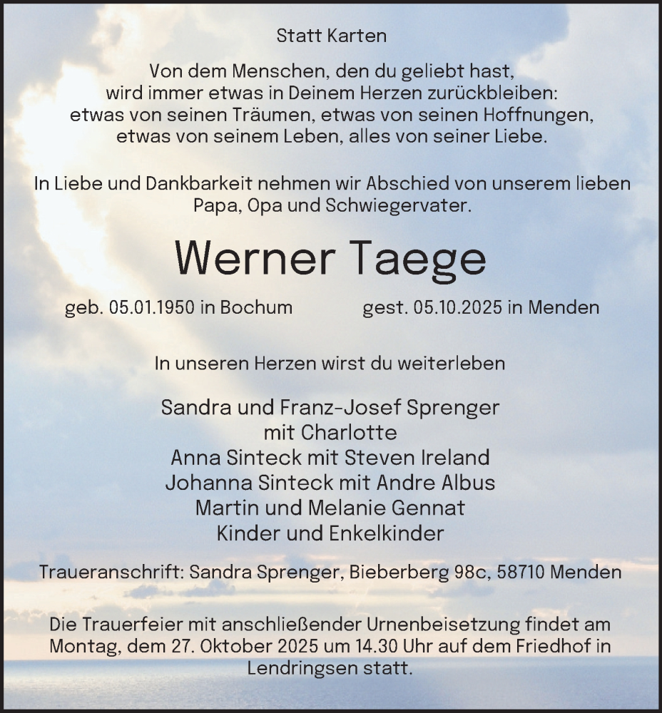  Traueranzeige für Werner Taege vom 18.10.2025 aus Tageszeitung